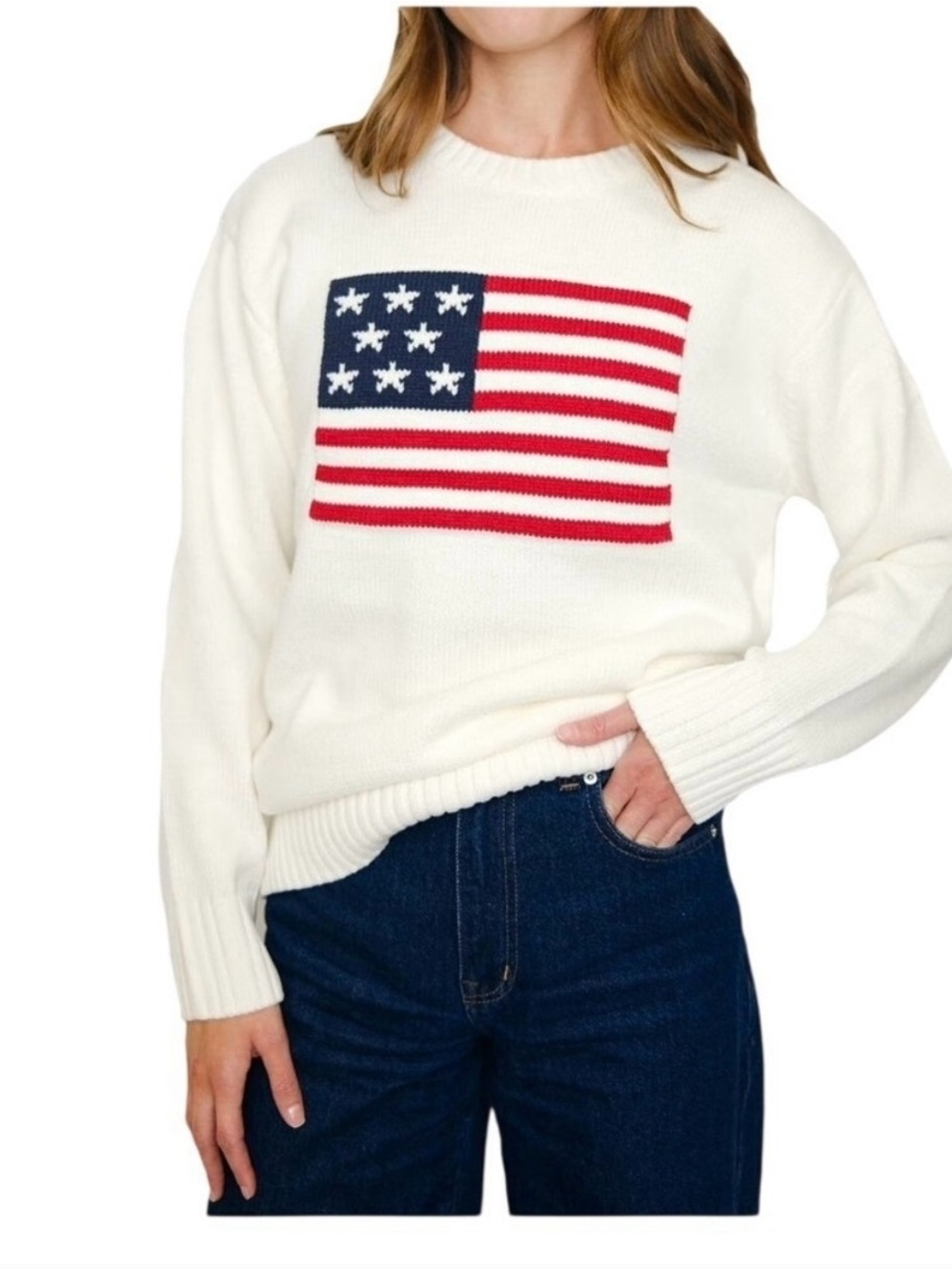 Mighty Fine Americana American Flag Knit Sweater - White - Size L